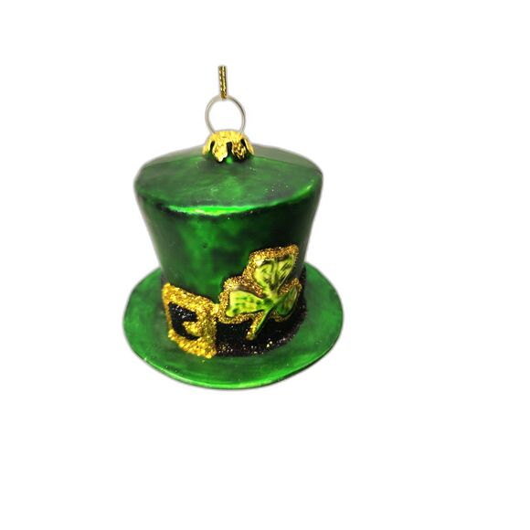 Blown Green Glass Leprechaun Hat Ornament Shamrock Glitter Christmas Hanging - Picture 1 of 6